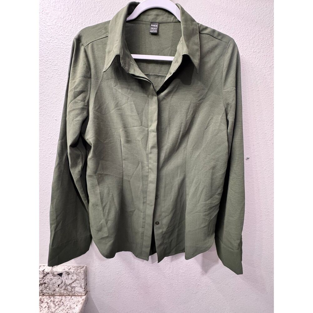 SHEIN Olive Green Button Front Long Sleeve Blouse Women's Size L